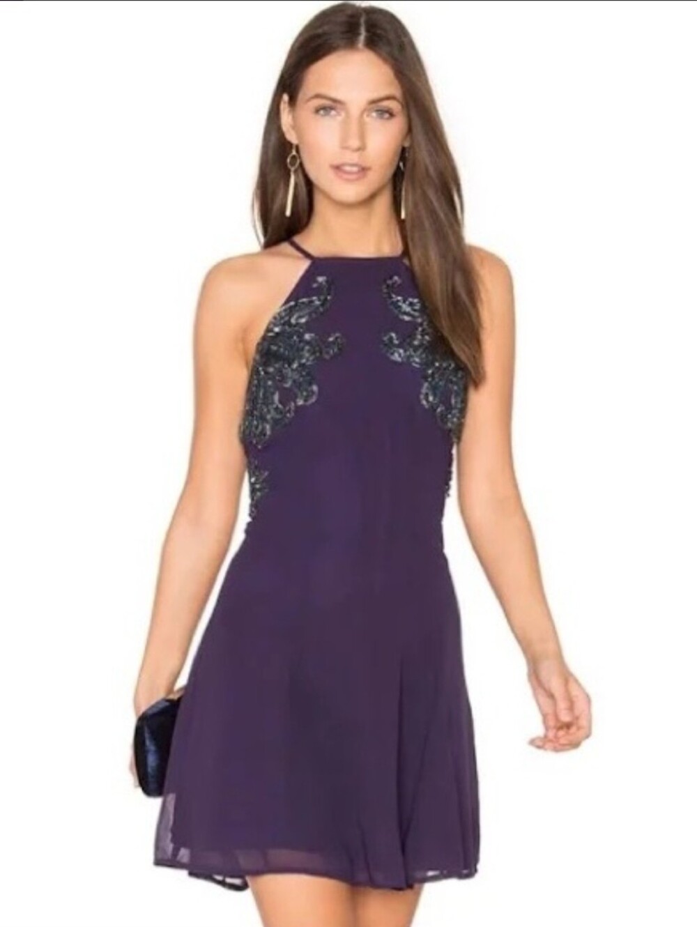 Revolve NBD Purple Bria Halter Mini Dress with Beaded Side Appliqués Size S
